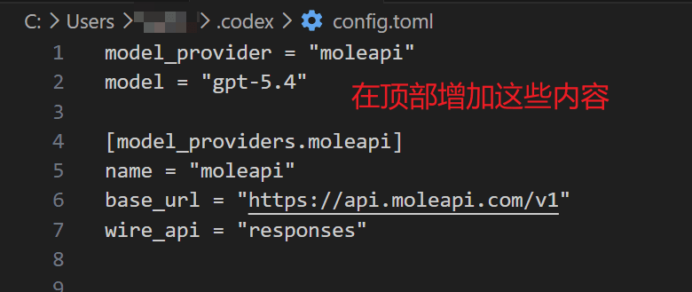 Add the moleapi model provider configuration in config.toml